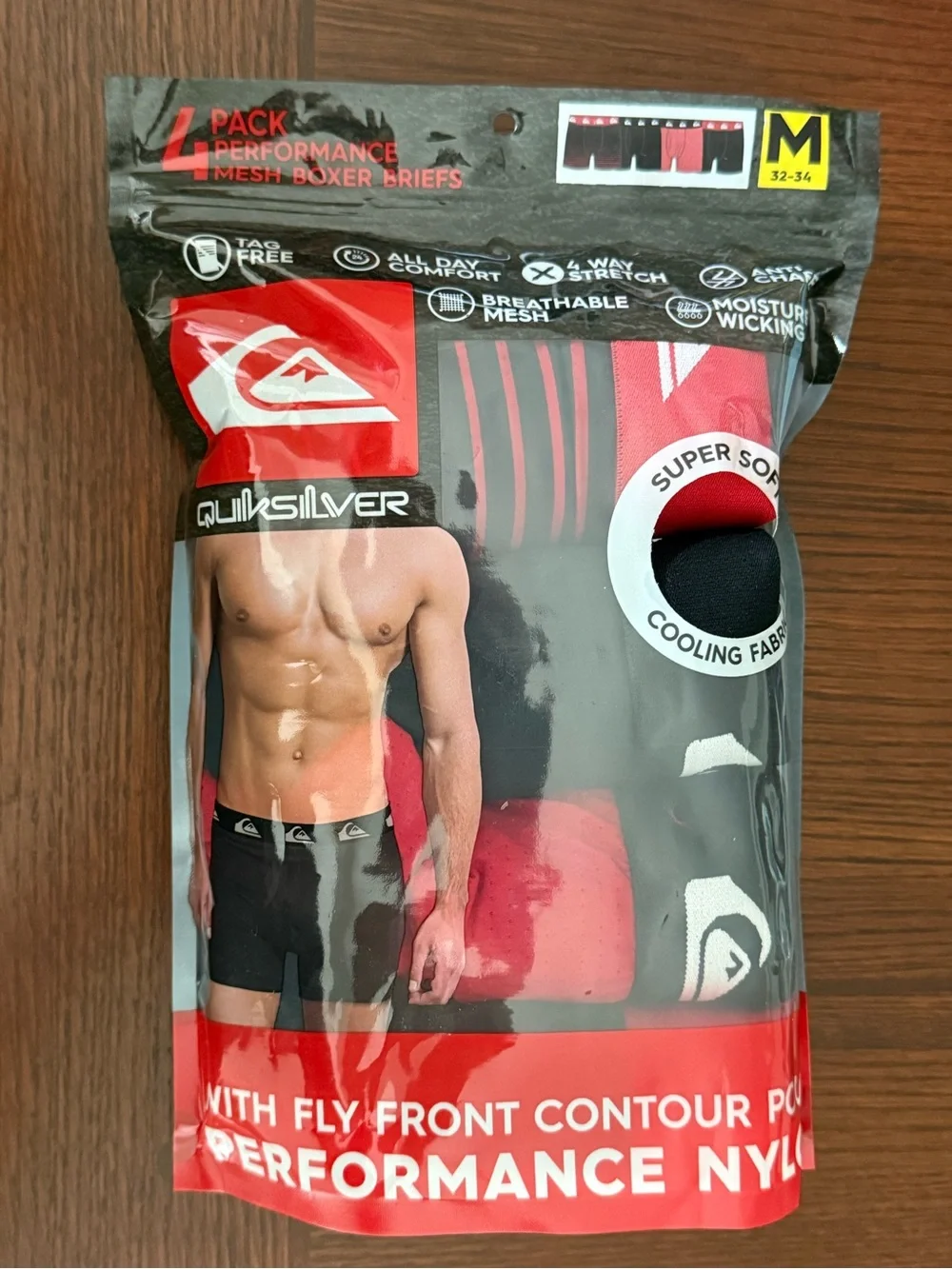 NWT Quiksilver 4-Pack Performance Mesh Boxer Briefs Mens Medium 32-34 red/black